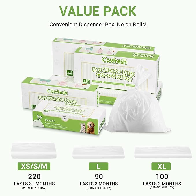 Odor Sealing Dog Poop Bag (90 Bags) Unscented & Durable Dog Waste Bags, Block Smells [Size:L, Color:White]