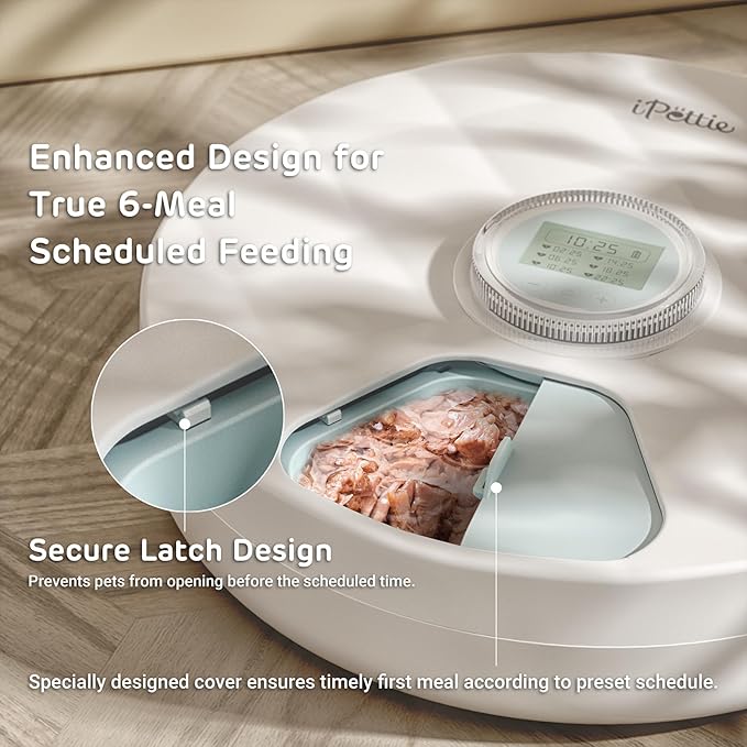 Brioche Automatic Wet Food Feeder for Pets - True 6-Meal Cordless Fresh Can Dispenser with Two Ice Packs, Perfect for Newborn Senior Cats and Small Dogs, with Extra Replacement BPA-Free ABS Food Tray