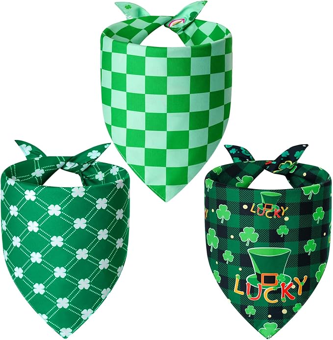 St. Patrick's Day Dog Bandanas Large 3PCS, 6 Pattern Green Scarf for Boy and Girl, Triangle Reversible Bibs Breed for Puppy Pets