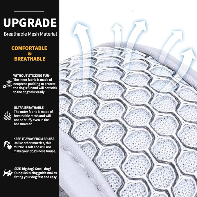 LUCKYPAW Dog Muzzle Anti Biting Barking and Chewing with Comfortable Mesh Soft Fabric and Adjustable Strap, Suitable for Small, Medium and Large Dogs(Gray(3D Mesh),L)