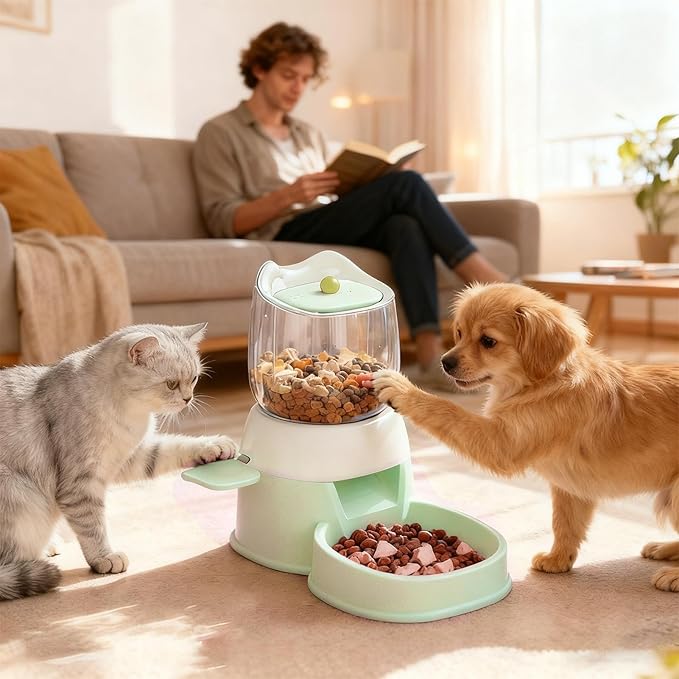 Pet Food Dispenser, 12.6x10.63x7.09 Inch 2L Capacity Automatic Feeder, PP PTE Press Design Dish for Backyard, Patio, Pet Store, Pink, Green