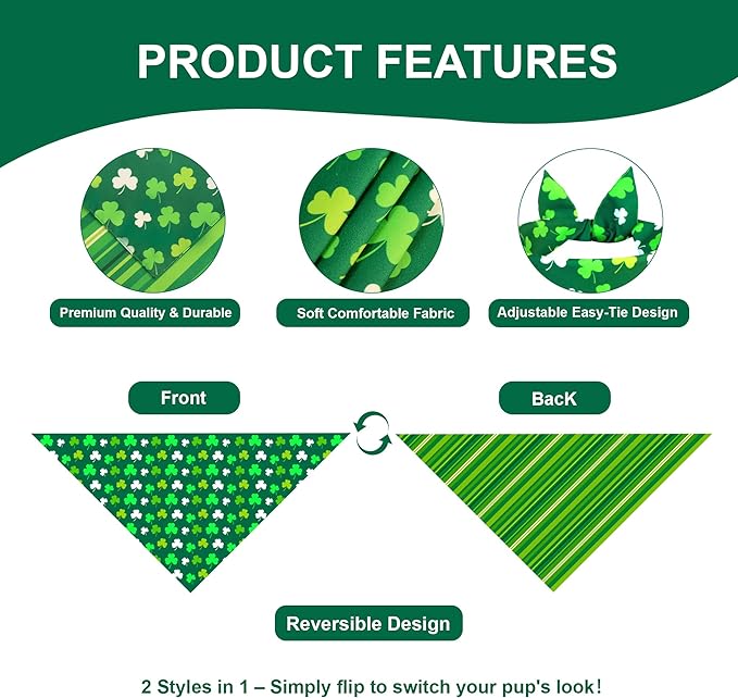 St. Patrick’s Day Dog Bandana for Large X-Large Dogs - Reversible Lucky Green Shamrock Clover & Stripes Scarf, Cute Pet Accessory for Irish Gift