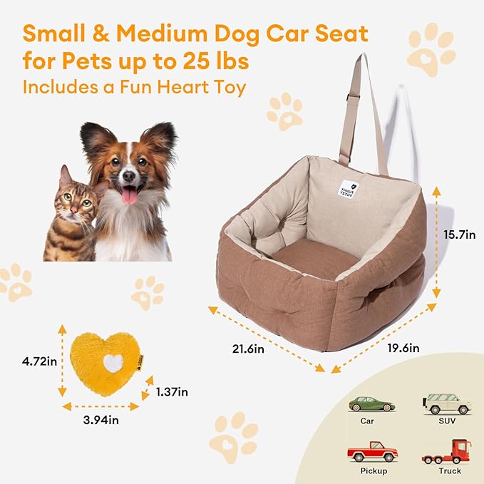 FUNNY FUZZY Dog Car Booster Seat for Small/Medium Dogs Up to 39lbs – Waterproof Fabric, Non-Slip Base, Safety Leash, Fully Detachable & Machine Washable Cover (Brown)