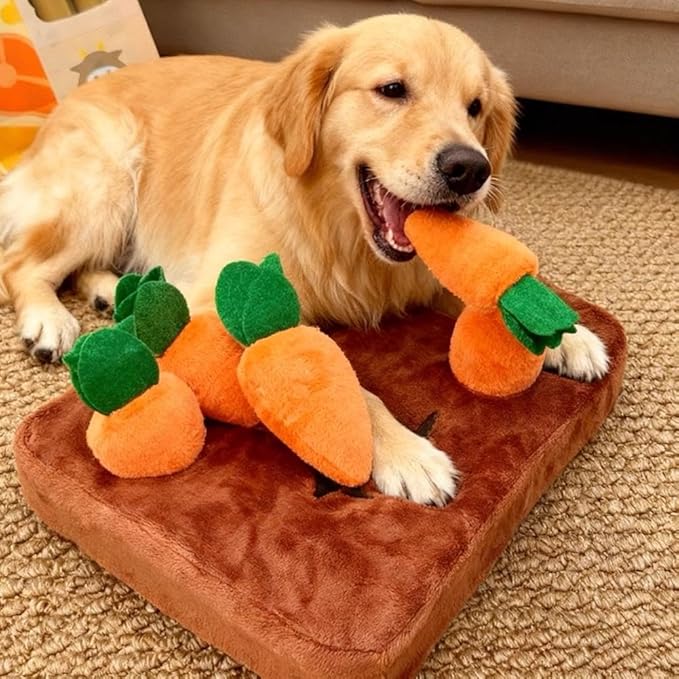 Carrot Garden Dog Toy | Snuffle Mat for Slow Feeding & Brain Training, Interactive Puzzle Toy with 9 Carrots for Puppies & Small Dogs, Indoor Enrichment Game to Relieve Boredom & Anxiety
