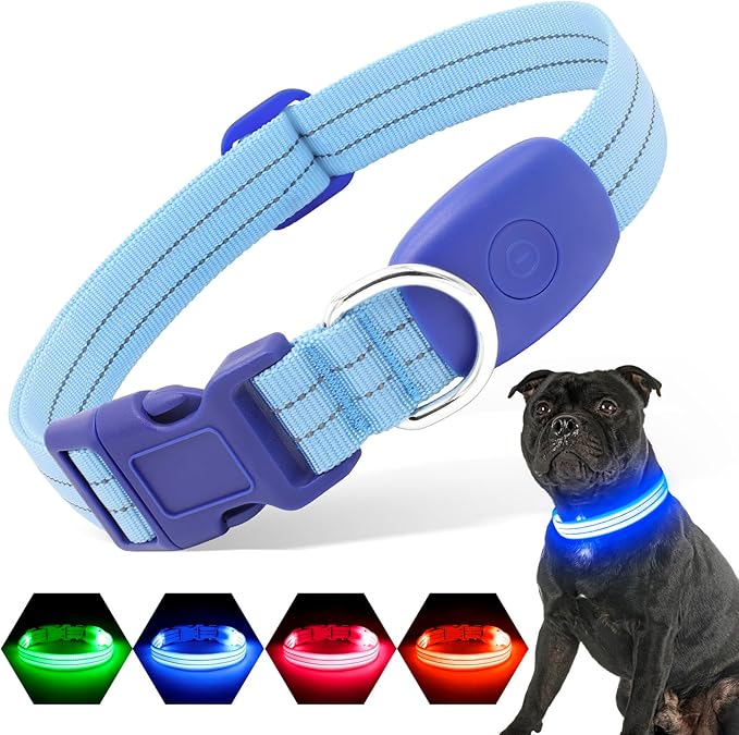 Light Up Dog Collars Rechargeable, Reflective LED Glow Dark Dog Collar for Small Medium Large Dogs, Adjustable Pet Dog Lights for Safe Night Walk-Blue, Large