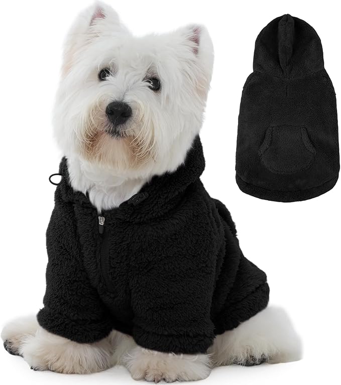IDOMIK Fuzzy Dog Sweater with Adjustable Hood, Warm Fleece Dog Sweater Hoodie with Harness Hole & Pocket, Pullover Sweaters for Small Dogs, Fuzzy Hooded Sweatshirt for Fall Winter Christmas,Black,S