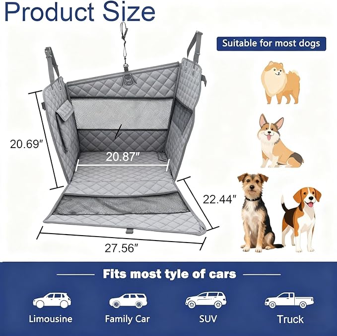 Dog Car Seat, Waterproof Pet Car Back Seat for Large Medium Dogs, Carseat for Dogs with Hard Bottom, Foldable Dog Carseat for Cars, Trucks and SUVs (Grey, L)