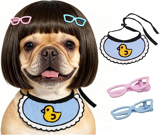Funny Dog Bangs Bob Wig - Adjustable Elastic Band & Trimmable, Built-in Knitted Bandana & Bow Clip, Dog Cosplay Costume for Small Medium Large Dogs,Halloween Christmas Parties Festivals (Black)