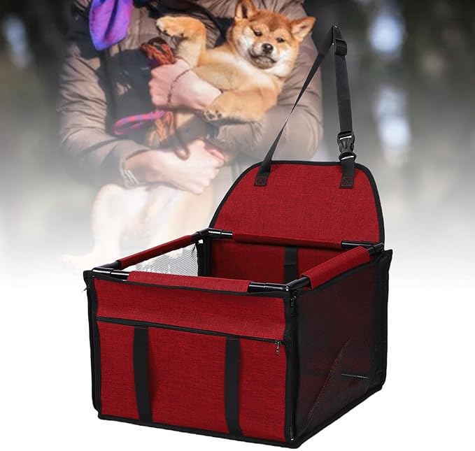 Dog Car Seat, 39x39x27cm Large Capacity Water Proof Foldable Portable Pet Car Seat for Travel, Detachable Washable Dog Booster Carrier (Red)