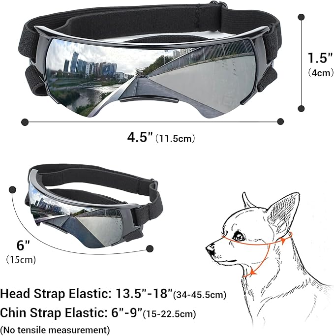 PETLESO Small Dog Goggles, Anti-UV Dog Sunglasses for Outdoor Driving Cycling Riding Hiking, Windproof Dustproof Snowproof Eye Protection, Pet Eye Wear with Adjustable Strap, Silver