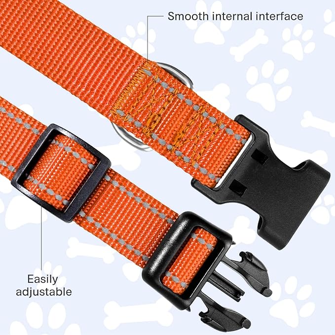 FunTags Reflective Dog Collar, Sturdy Nylon Collars for Medium Girl and Boy Dogs, Adjustable Dog Collar with Quick Release Buckle, Orange