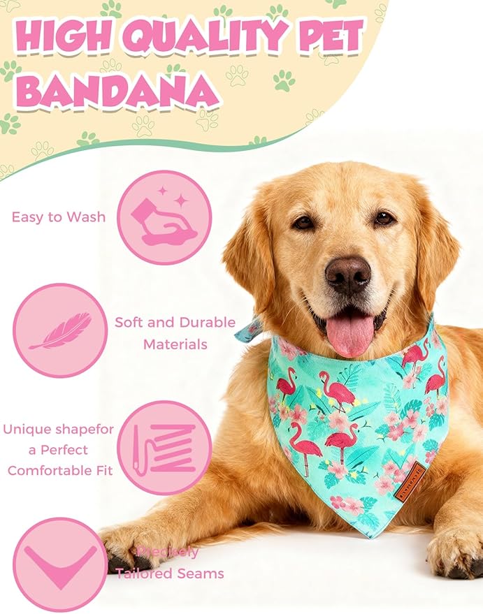 Dog Birthday Bandana, Luxury Handmade Double-Layer Pet Bandana for Small Medium Large Dogs, Silk-Soft Polyester Neck Gaiter for Birthday Party, Christmas, Thanksgiving(Blue Flamingo, Large)
