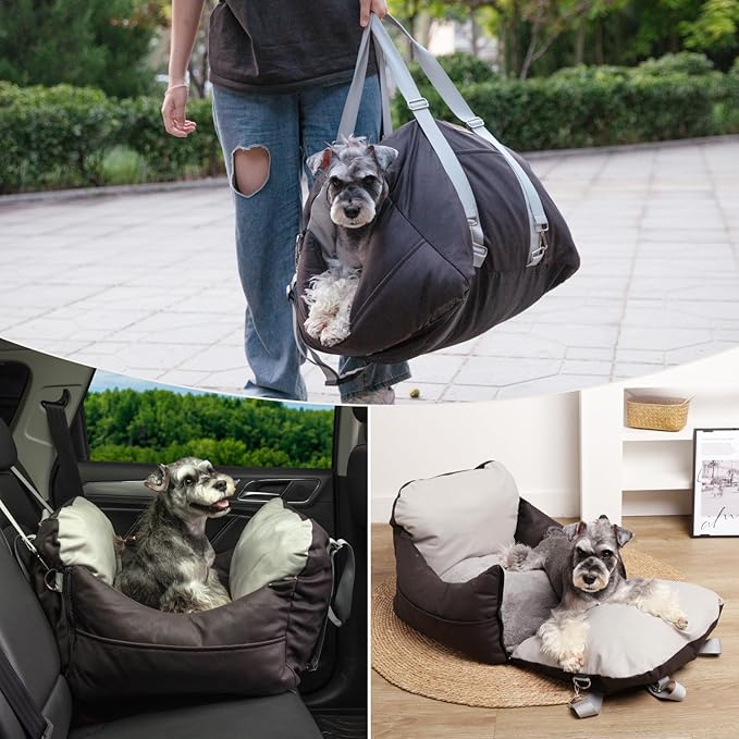 Leath-Aire Dog Car Seat, Scratch Resistant, Waterproof Booster Seat with Storage Pockets and Clip-On Safety Leash, Portable Dog Travel Carrier Bed up to 25lbs (Black/Grey)