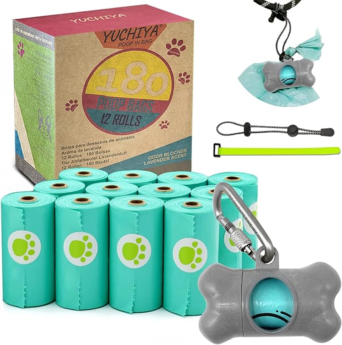 Dog Poop Pickup Bags Holder Dispenser with Standard-Sized Leak-Proof Scented Doggy Waste Bags and Carabiner with Safety Lock&Fastener Never Loose on Leash Lead Again (1 Holder 195 Bags, Grey)