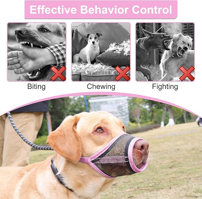 LUCKYPAW Dog Muzzle, Mesh Muzzle for Small Medium Dogs, Soft Mouth Cover to Prevent Biting Chewing, Drinkable Breathable Adjustable Puppy Mouth Guard(Pink, S)