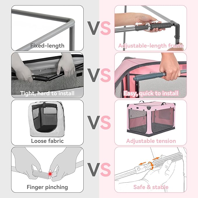 PETSFIT Collapsible Dog Crate, with Patented Adjustable Fabric Cover, Chewproof & Lockable Mesh Doors, Waterproof Base Portable Kennel Pink 36 Inch