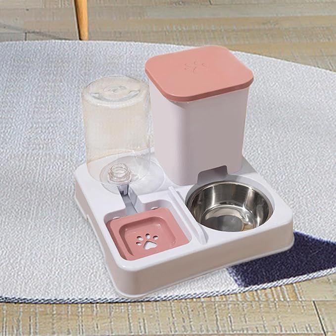 Automatic Dog Cat Feeder Dry and Wet Separation Smooth Surface Removable Eating and Drinking Bowl for Dogs Small Animal Puppy- Pink White