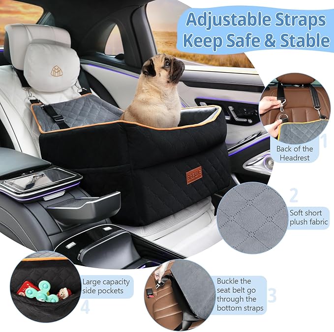 Dog Car Seat for Small Medium Dogs, Memory Foam Dog Booster Car Seat for Pets Under 35 lbs, Anti-Slip Pet Carseat with 2 Adjustable Leashes, Elevated Dog Travel Bed with Storage Pockets