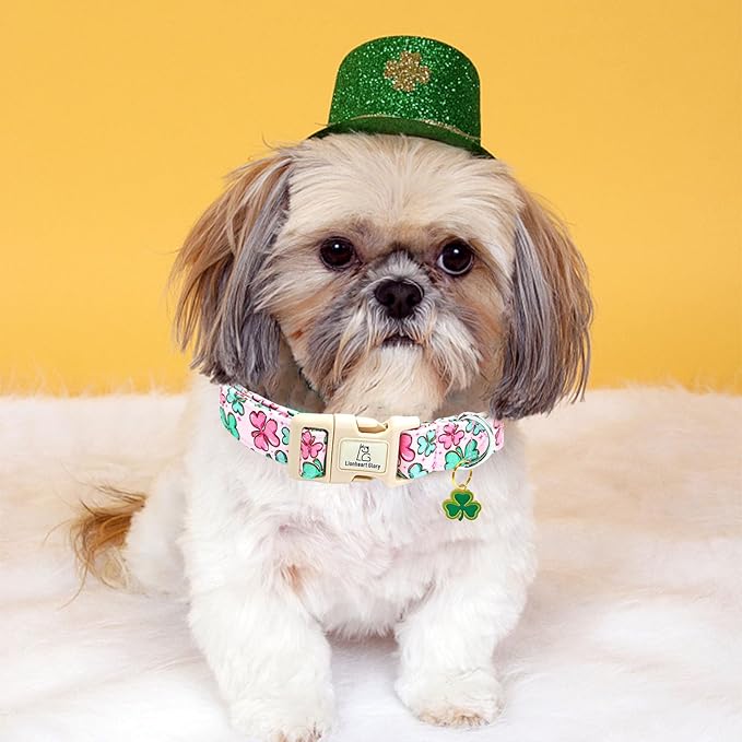 Lionheart Glory St. Patrick Dog Collar - Pink Clover Collar for Medium Dogs Spring Female Dog Collar Adjustable Heavy Duty Collar with Plastic Buckle