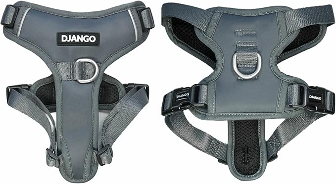 DJANGO Tahoe No Pull Dog Harness – Escape-Proof Dog Harness for Large & XL Dogs with Front & Back Clips for Everyday Use – Adjustable, Padded, Reflective, Secure Fit, Easy On/Off – Poppy Gray, XXL
