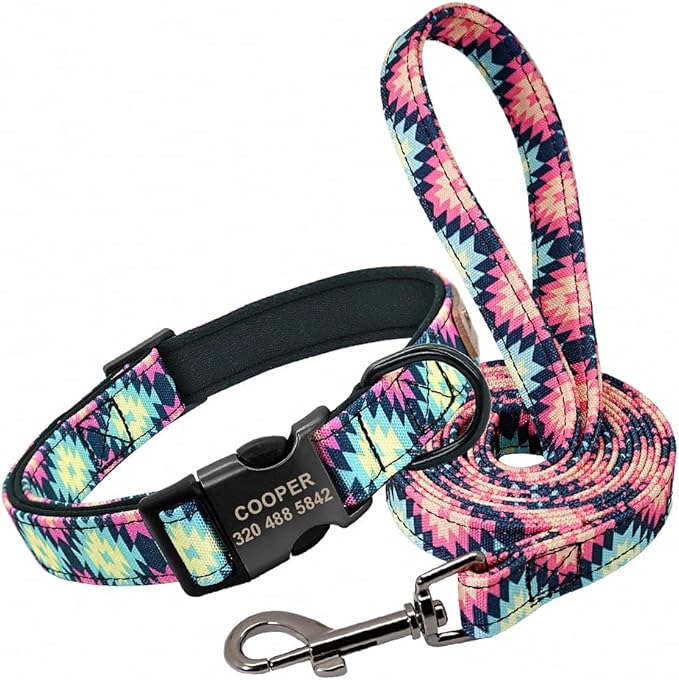 Personalized Dog Collar Leash Custom Puppy Pet Collar Pitbull Collars Pet Product Small Dog Collar for Small Medium Large Dog Pink Set M