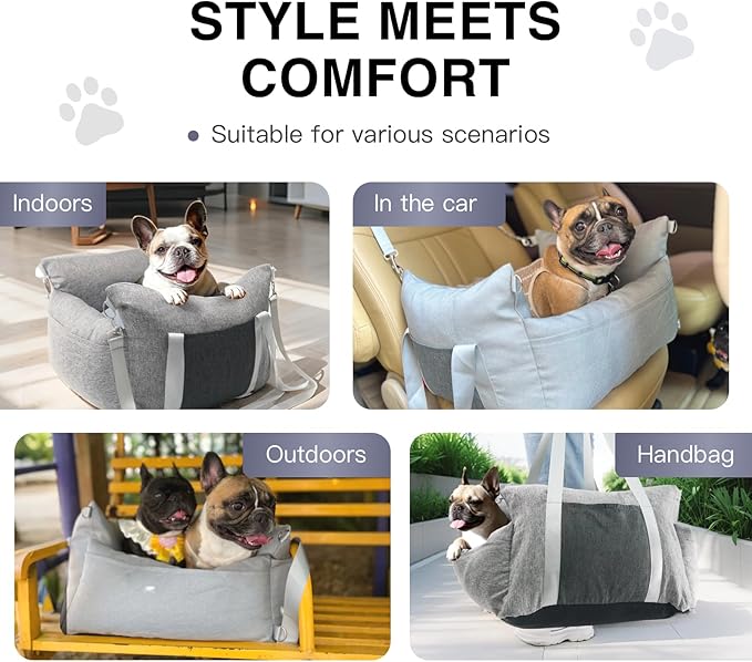Pet Car Booster Seat for Small Dogs up to 25 lbs with Safety Straps, Storage Pockets, Travel Carrier Bed with Detachable Cover, Machine Washable (Light Gray)