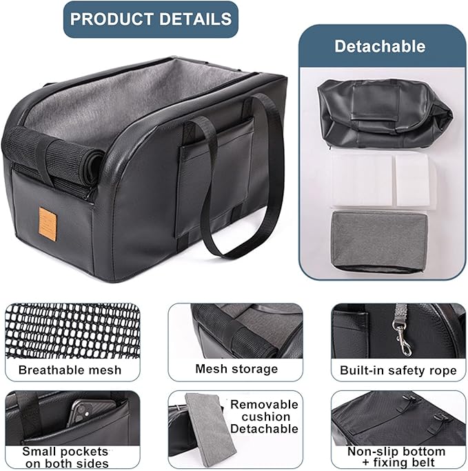 Dog Car Seat for Cat and Small Dog,Dog Booster Seat Car Armrest Nest for Car Center Console,Pet Travel Carrier Hammock Travel Bed Washable with Storage Pockets and Clip-On Leash