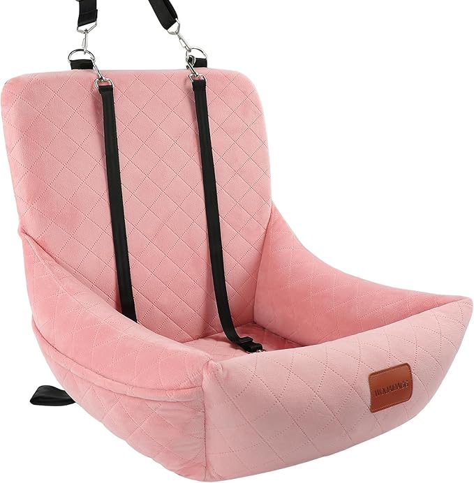 Dog Car Seat for Small Dogs Up to 25lbs,Soft Washable Fabric Fill in Memory Foam,Easy to Assemble with 2 Clip-On Safety Leashes and Storage Pockets,Front or Back Seat are Both OK (Pink)