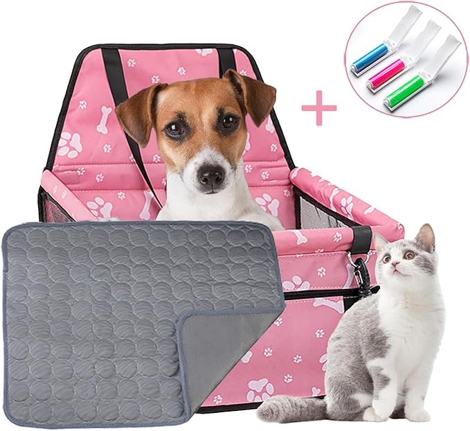 Dog Car Seat,Pet Booster Seat,Pet Travel Bed for Medium Dogs Small Dogs Under 25 with Pet Hair Brush and Cooling Pad (Pink)