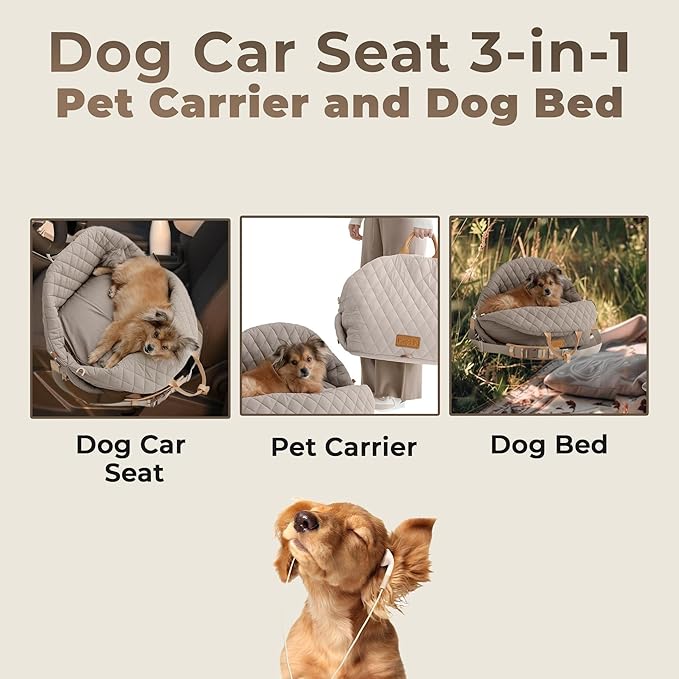 Dog Car Seat for Small Dogs, Pet Seats for Cars with Clip-On Safty Leash, Detachable Washable Pet Car Seat Travel Bed Under 25lbs (Grey)