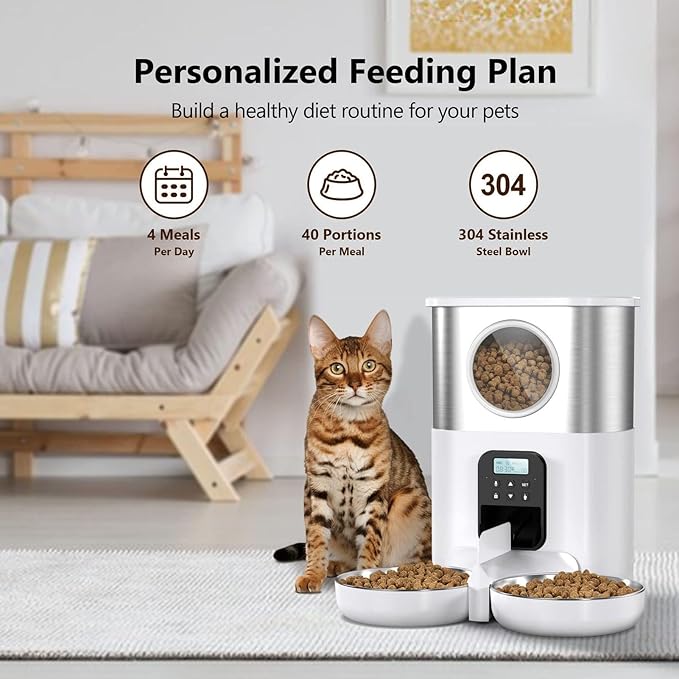 Automatic Pet Feeder, 5L Quantitative Feeding Stainless Steel 2 Bowls Dog Food Dispenser Large Capacity Automatic Timed Cat Feeders with Visable Window for Cats Dogs (White)
