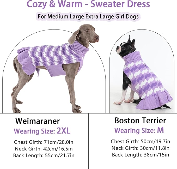 Dog Sweaters for Large Dogs Girl, Dog Sweater Dress with Leash Hole, Thick Turtleneck Knitwear for Female Dogs, Warm Fall Winter Dress for Cold Weather, Thanksgiving, Christmas - Purple XXL