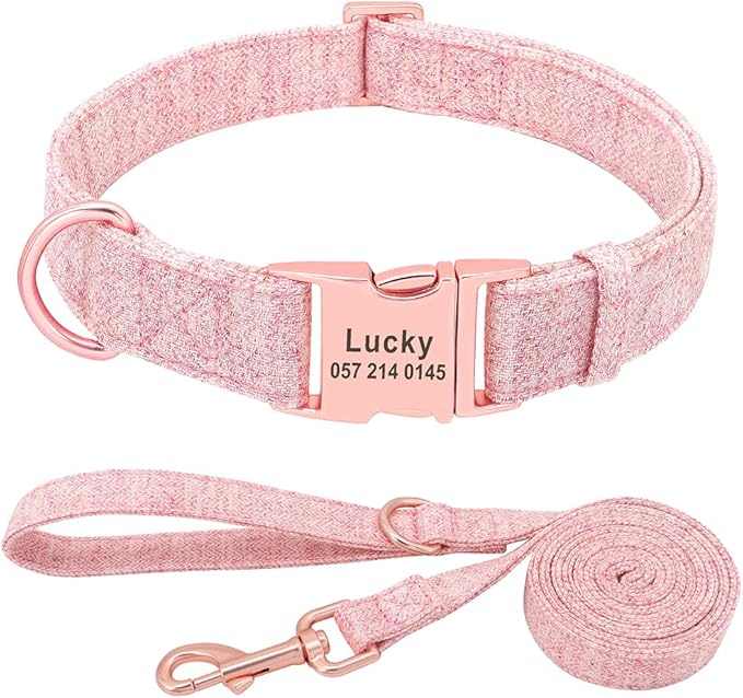 Personalized Dog Collar Custom Nylon Dog Collar Engraved Name ID Adjustable for Small Medium Large Dog Chihuahua Pitbull Pink Collar Leash S