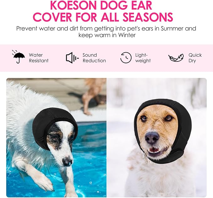KOESON Dog Calming Hoodie - No Shake Ear Wraps for Dogs, Anxiety Relief & Noise Protection, Water Resistant Pet Ear Cover Muffs for Firework, Grooming, Thunderstorms, Swimming, Bathing, Black S