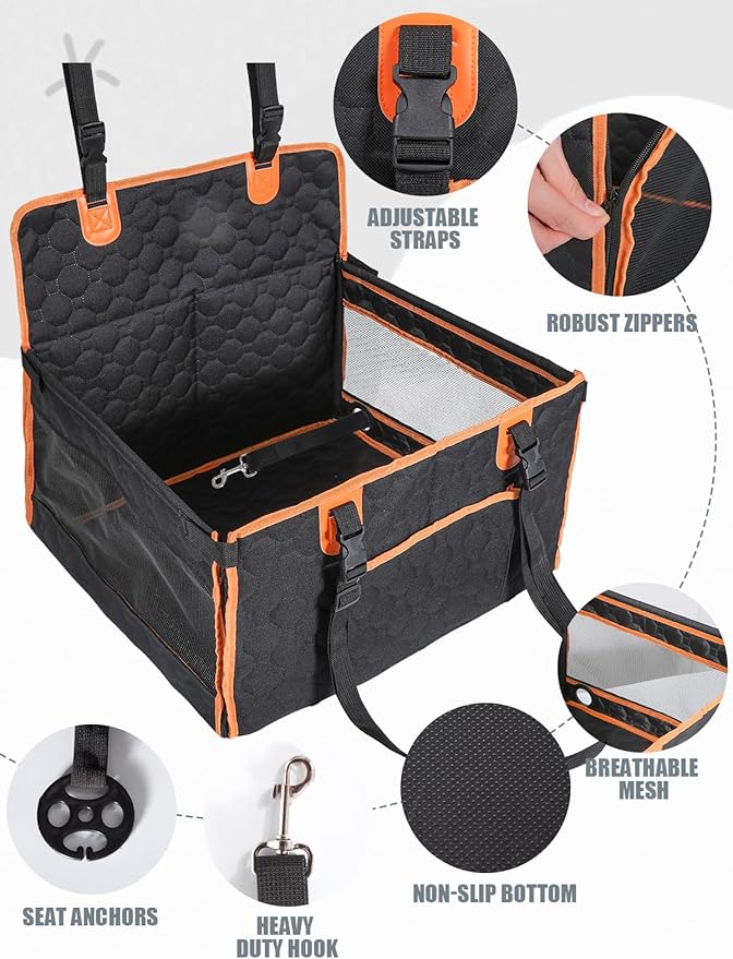 Dog Car Seat for Large Dogs,Waterproof Fabric with Breathable Mesh&Adjustable Dog Seat Belt for Car,Dog Bed for Back Seat Up to 25 LB-Small Orange