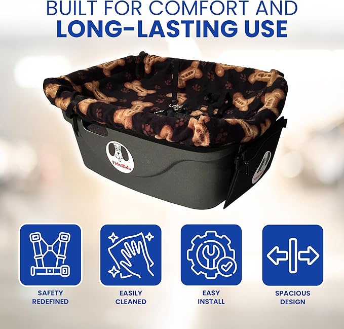FidoRido Dog Car Seat - Pet Booster Seat for Small to Large Dogs with Comfortable Cushions, Sherpa Cover, and Safety Straps, Easy to Install, Ideal for Travel, Black with Tan Bones - Small Harness