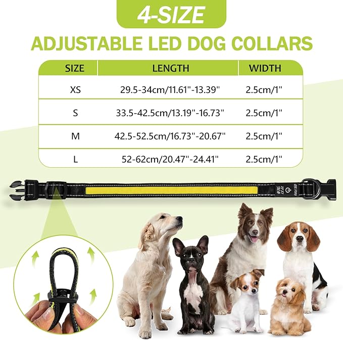Rechargeable Glowing Dog Collar - Flashing, Adjustable, Waterproof Light Up for Night (Yellow, Pack of 1, XS)