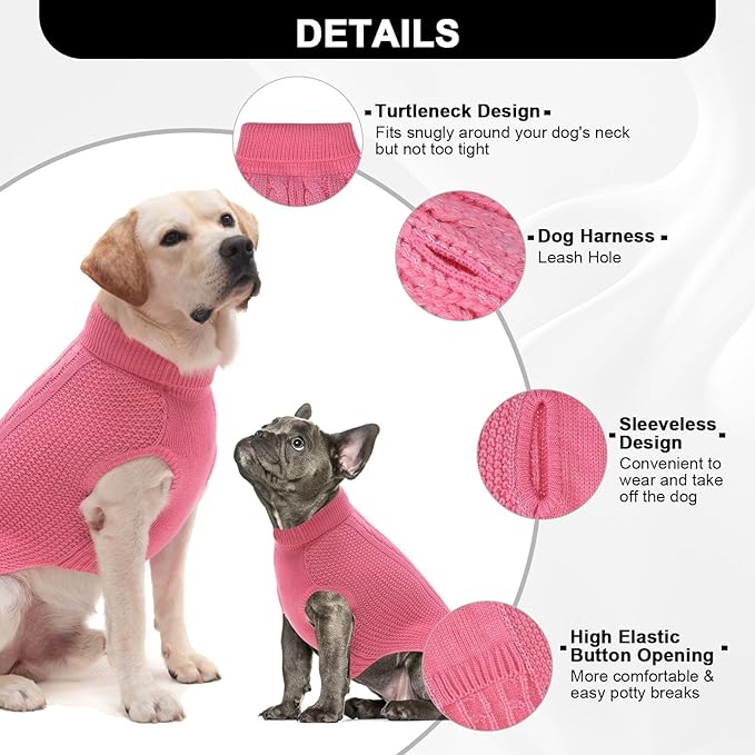 XS Dog Sweater, Classic Cable Knit Warm Dog Sweatshirt with Reflective Yarn for Girl Boy, Halloween Fall Winter Coat Turtleneck Pullover Clothes Apparel for Small Medium Large Dogs (Pink XS)