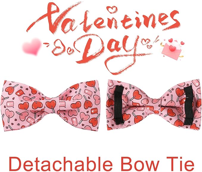 Valentine’s Day Dog Collar with Bow Tie, Pink Heart Bowtie Collar with Metal Buckle, Valentine’s Day Gift Pet Collar for Puppy Girl Boy Dog or Cat, Wedding Dog Collar, S, Neck 10-16in