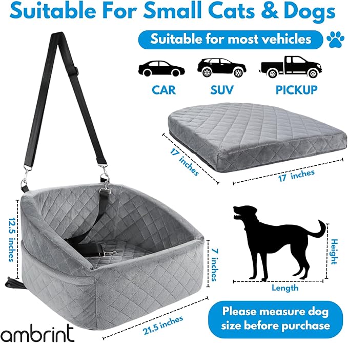 Dog Car Seat for Small Medium Sized Dogs & Cats – Booster Seat with Safety Belt, Non-Slip Bottom, Washable Bed, Storage Pockets – Pet Car Seat for Dogs/Puppy Cats Under 5-35 lbs (Grey)