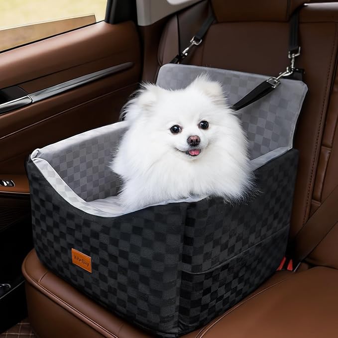 Dog Car Seat for Small Dogs, VibeBay Portable Booster Seat with Memory Foam, 2 Safety Belts, Removable Washable Cover, Storage Pocket & Anti-Anxiety Elevated Design for Medium Dogs Under 35 lbs