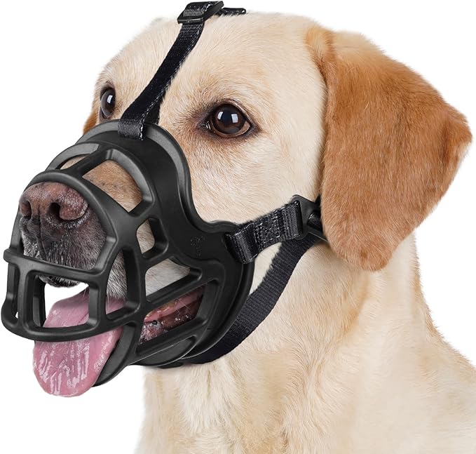 BARKLESS Dog Muzzle to Prevent Biting, Scavenging, Basket Muzzle for Large Medium Sized Dogs, Soft & Lightweight & Sturdy Mouth Cover with Removable Collar Loop for Training, Walking (Black, 6)