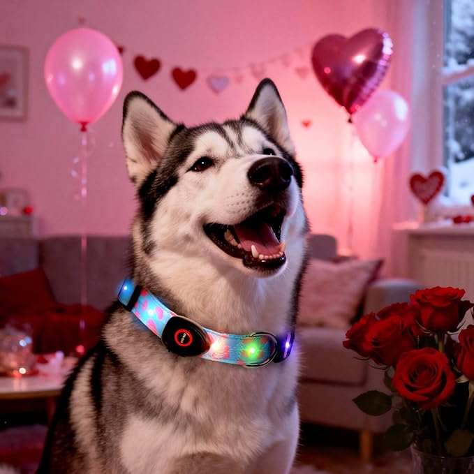 Light Up Dog Collar, LED Dog Collar Glow in The Dark - USBC Rechargeable, 3 Flashing Modes Adjustable Glow Collar, Safety Fashionable Cute Dog Light Up Collars for Medium Large Dogs-Pink Heart Shape