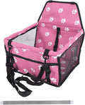 Pet Carrier Cage Dog Car Seat Bear Pattern Washable Foldable Pet Safety Travel Seat with Support Rod for Cars Oxford Cloth Material (Pink paw Print Support Stick Style)
