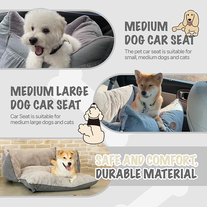 Dog Car Seat for Small Medium Large Dogs, Eco-Friendly Microfiber Velboa, Dog Booster for Under 45Lbs, Detachable and Washable Travel Seat with Thick Cushion (Charcoal Gray, L)