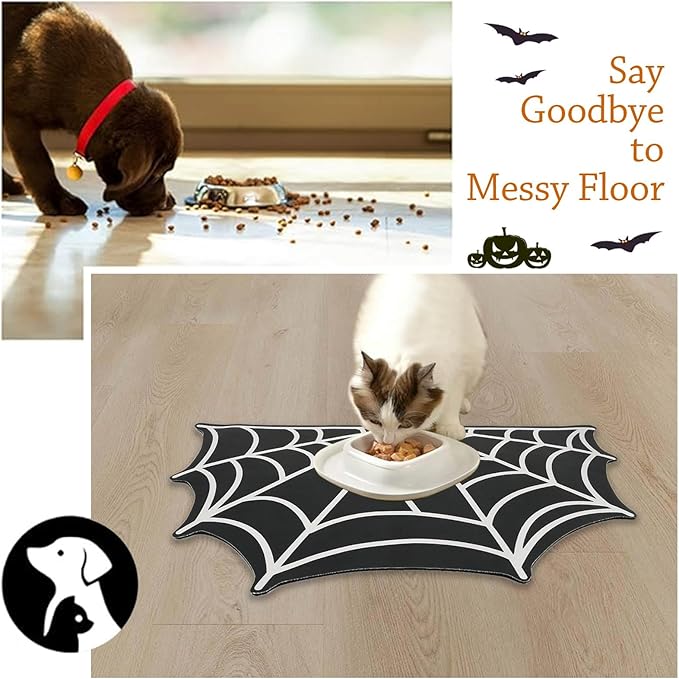 Halloween Pet Mat for Food and Water, Pet Feeding Mat for Dog Cat Bowl Absorbent Anti-Stain Non-Slip Quick Dry Easy Clean Floor Placemat, Pets Accessories Indoor (Spider Web)