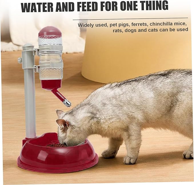 Dog Water Bottle Dispenser and Food Bowl, No-Drip Automatic Dog Water Bowl Dispenser with Adjustable Stand, Detachable Pet for and Cat, Wine Red