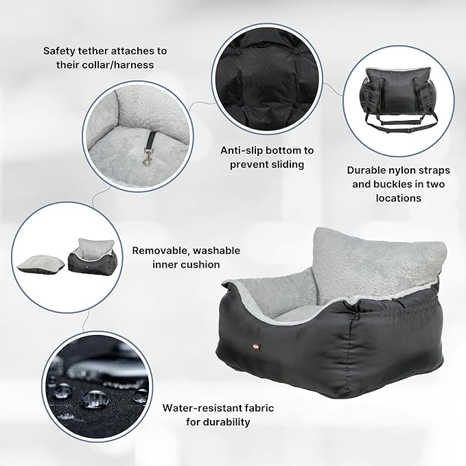 Trixie Convertible Lite Dog Car Seat 19.7 x 14.6 x 15.7 in – Cozy Booster with Safety Tether, Seat-Belt Straps & Side Pockets – Raised Travel Bed with Washable Cushion