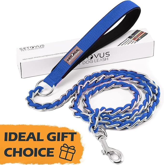 Dog Leash Chew Proof, Chain Leash Anti Chew Dog Leash for Large Dogs Heavy Duty, Indestructible Metal Leash Anti Bite Chain Link with Woven Cord Soft Padded Handle (Blue, 5FT)