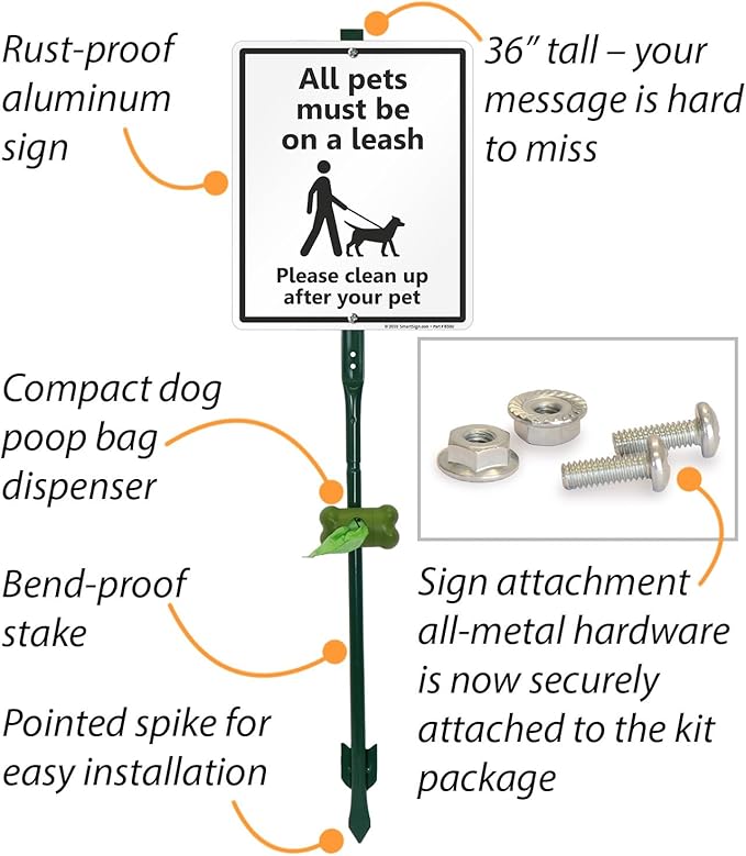 SmartSign All Pets On A Leash Please Clean Up After Your Pet Yard Sign & Clip-On Plastic Dispenser Combo/Kit, 10"x12" Aluminum Sign with 3ft Stake, Compact Dispenser Preloaded with a 15 Poop Bags Roll